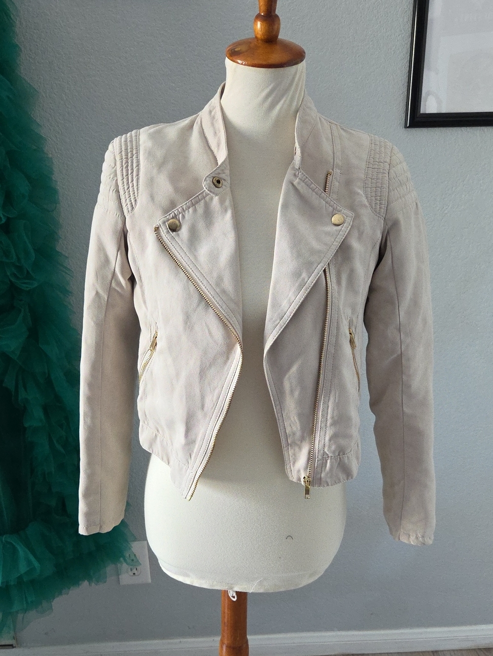 Light Beige Moto Jacket with Quilted Shoulders Fit XS Or 2